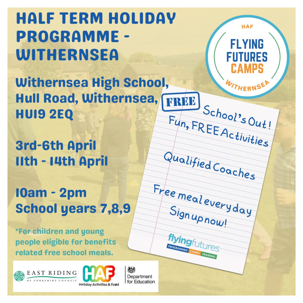 FlyingFutures's tweet photo. We have a Half term Programme running in Withernsea this Easter. 

3rd - 6th &amp;
11th - 14th April
10am - 2pm

School Years 7,8 &amp;9 

See link to book your space 🙌🏽 https://t.co/5rzdS9xOyW

#easter #halfterm #holidayactivityfund #flyingfutures #withernsea #eastriding https://t.co/iLb2Z1v3bW