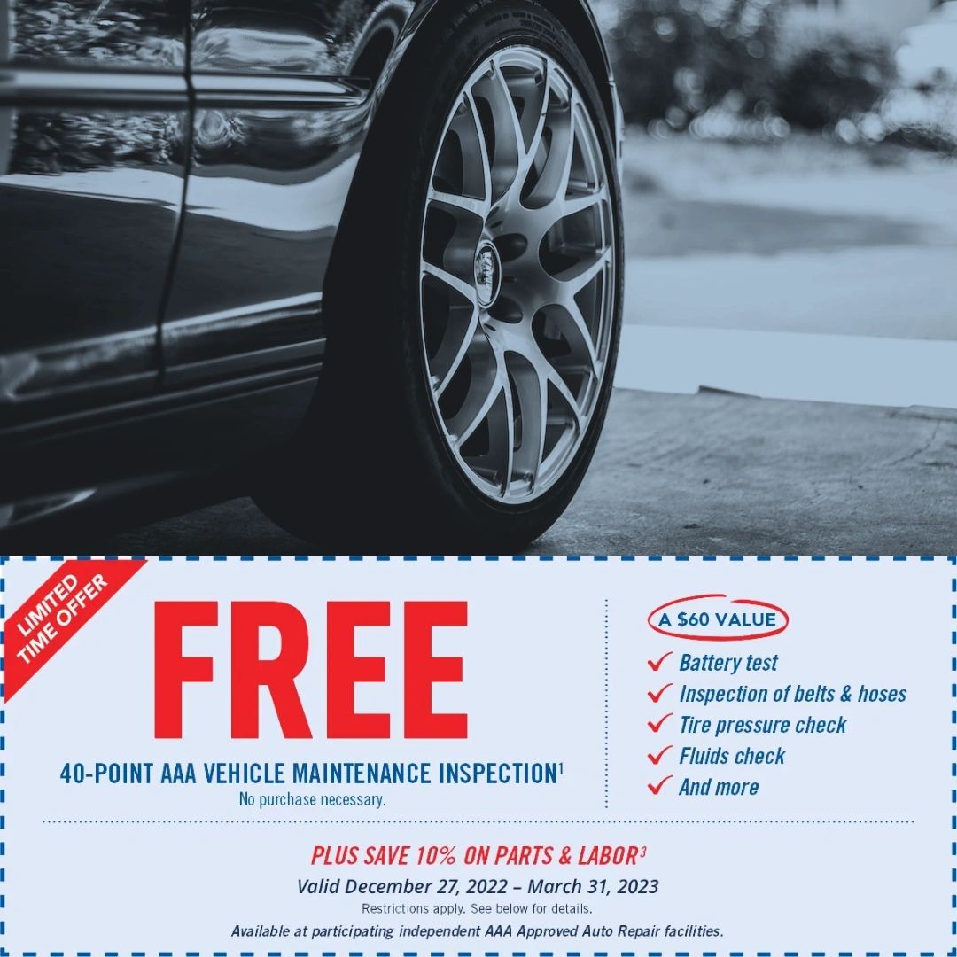NeighborCarCare's tweet photo. Hit the brakes! For a limited time only, we're offering a free 40-point AAA vehicle maintenance inspection ($60 value). It includes a battery test, inspection of belts and hoses, tire pressure check, fluids check, and more. Plus save 10% on parts and labor! https://t.co/2BLTMo5dVW