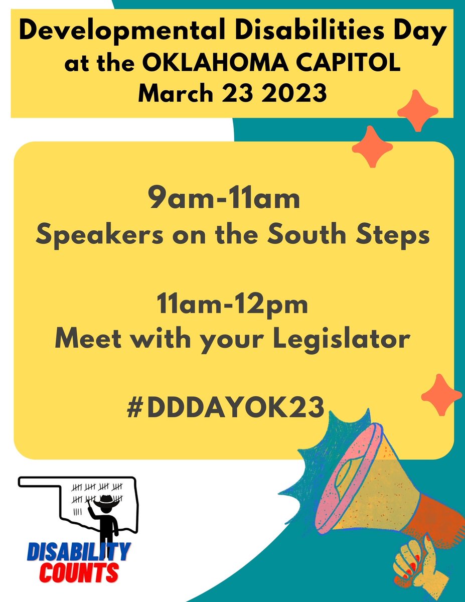 AutismFoundOK's tweet photo. Mark your calendars & join us NEXT THURSDAY for Developmental Disabilities Awareness Day at the State Capitol!
This year's theme is "Disability Counts," as does every voice.
#DDDAY2023 #OKLeg #Oklahoma #disability #advocacy #advocate #developmentaldisabilities #OKie #OKCapitol https://t.co/Dc1ZtEggox