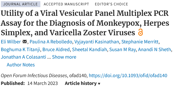 Excited that our work on #Mpox #diagnostics first presented at #CROI2023 by @Boghuma is now being published by @OFIDJournal! Grateful to everyone at @EmoryInfectDis, @EmoryPathology, and @GradyHealth who helped to make this happen!

tinyurl.com/mr3pdrh7