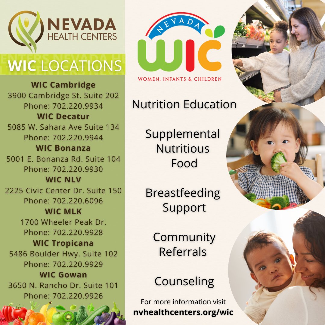 NVHC1977's tweet photo. #NVHC offers seven Women, Infants &amp; Children (WIC) offices located in the Las Vegas valley and open Monday through Friday. WIC offers nutritious foods, nutrition education, breastfeeding support, and referrals to health and other social services to participants at no charge. https://t.co/eYzr7KC987