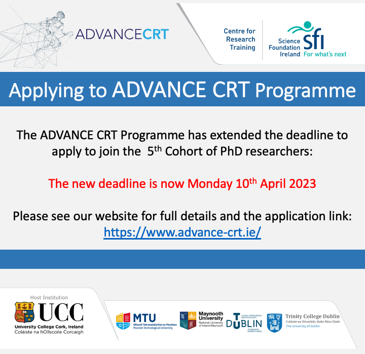 AdvanceCrt's tweet photo. 📢 BREAKING NEWS: Deadline for the 5th Cohort recruitment call has been exceptionally extended to the 10 April. This is the last chance to apply for a position in our @scienceirel PhD research training programme on networks &amp; sustainability. Info: https://t.co/kdr5baQRJ5 Join us! https://t.co/QQeYJeFj81