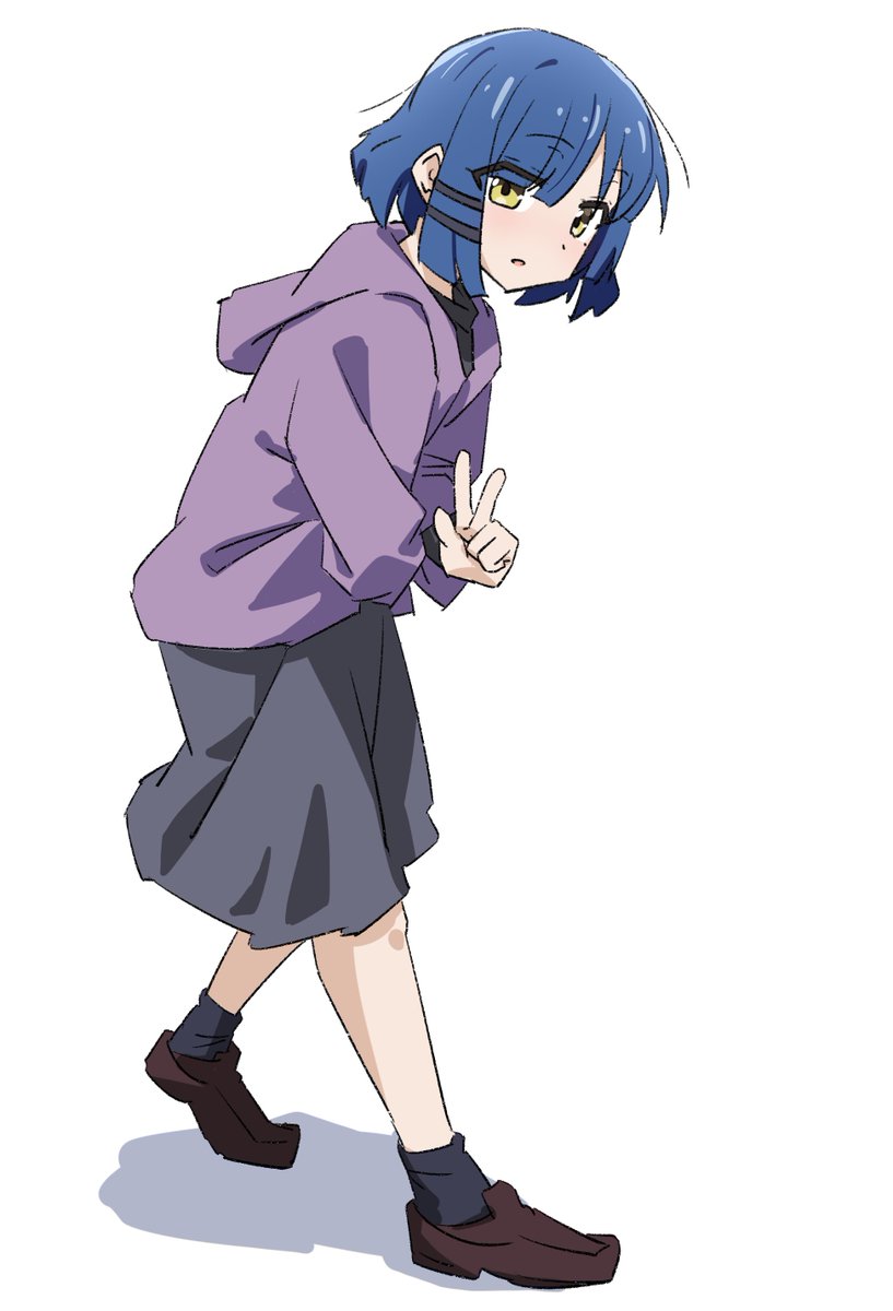 1girl solo blue hair v short hair hood white background  illustration images