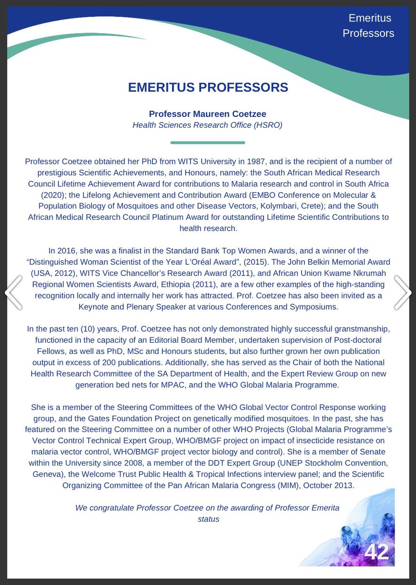 WITS_Malaria's tweet photo. Congrats to WRIM’s Dr Basil Brooke for his shiny new NRF B-Rating and to Prof Maureen Coetzee for her upgrade to Professor Emerita status! 🎉🏆 

View the full list of awardees here: 

Wits Health Sciences Honours Celebration 2022 https://t.co/lSECm2CxtM via @issuu

#witsmalaria https://t.co/e9RpMt9X1h