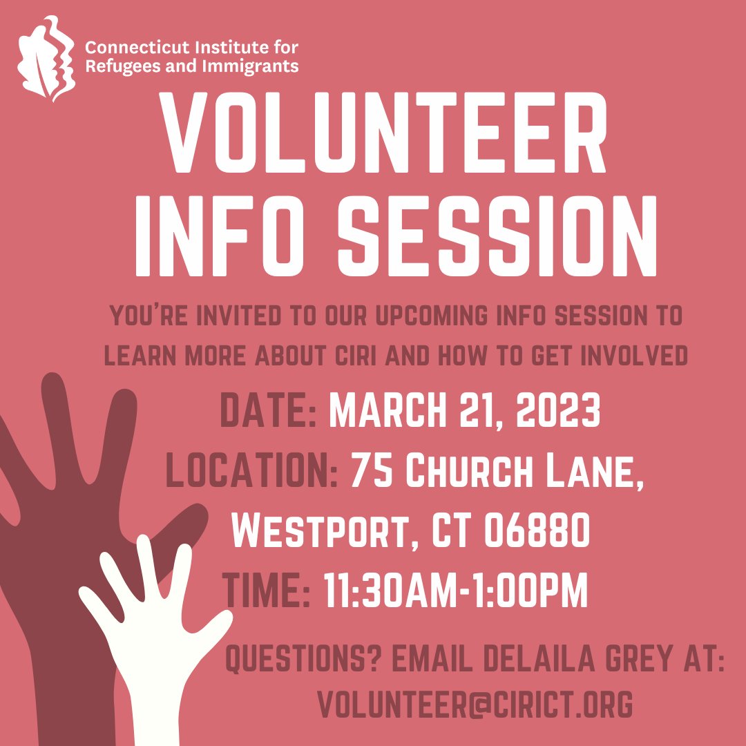 Interested in joining CIRI's volunteer network? Learn about the programs and services we provide and how you can get involved at our upcoming Info Session on Tuesday, March 21st, at Christ &amp; Holy Trinity Church in Westport. Learn more at: cirict.org/event/voluntee…