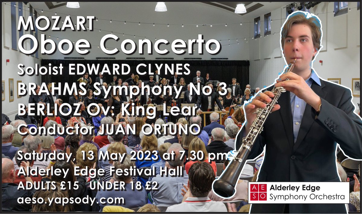 More great music from your favourite orchestra: book your tickets online NOW for our concert on 13 May featuring brilliant young oboist EDWARD CLYNES. Also BRAHMS superb Symphony No 3 and BERLIOZ dramatic King Lear Overture. Tickets: aeso.yapsody.com.