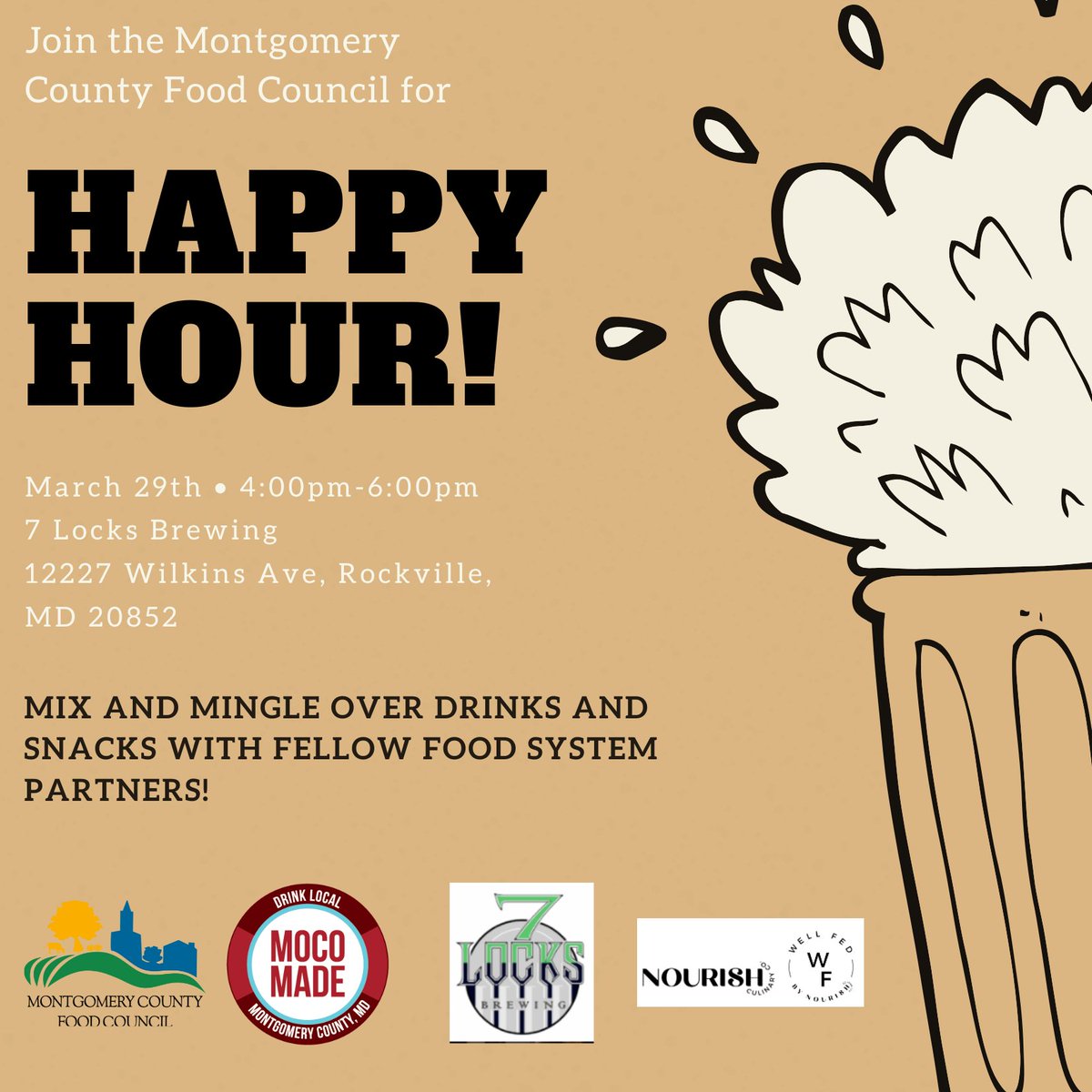 MoCoFoodCouncil's tweet photo. Join the Montgomery County Food Council for Happy Hour on Wednesday, March 29th from 4-6pm at 7 Locks Brewing, a MoCo Made business, in Rockville! We will also have one of our MoCo Made prepared/packaged food producers, Nourish Culinary Co. (also MoCo Made!) selling snacks! https://t.co/dVki2H7Gsg
