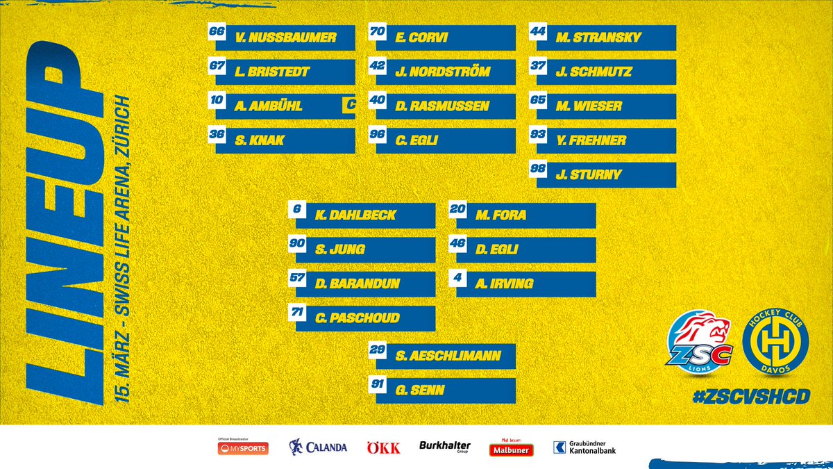 HCD_offiziell's tweet photo. 🚨 Playoff-Viertelfinal 🆚 @zsclions 
 Unser #Lineup für Game 1⃣ 

🥳 Come🔙s von #90Jung und #37Schmutz.
Es fehlen #27Nygren, #81Wellinger, #81Prassl (alle 🤕). #38Heinen, #31Croce, #9Hammerer, #88Minder, #84Canova und #23Russo bilden das 🚖-Squad.
#ZSCvsHCD #Playoffs2023 https://t.co/ZQQIzF9IQ7