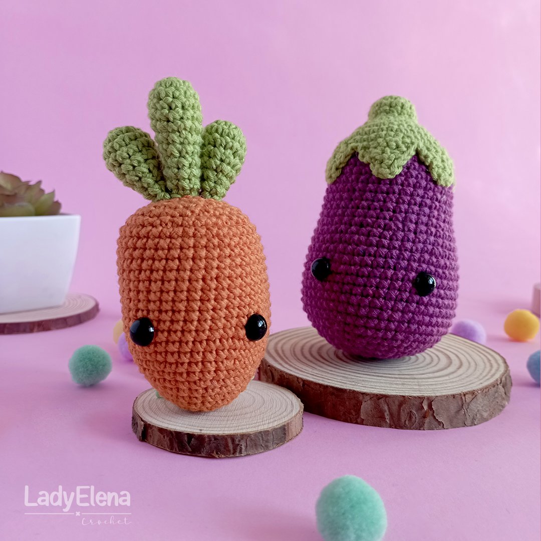 Con lo poquito que me gustaban a mí las verduras de pequeña y ahora disfruto hasta tejiendolas. 

Además el morado combina tan bien con el naranja que no pude evitar ponerlas juntas en la foto 💜🧡

Zanahoria: @principe_del_crochet
N°puntos=886
Berenjena: <a href="/knot/">knot</a>.bad
N°puntos= 1398