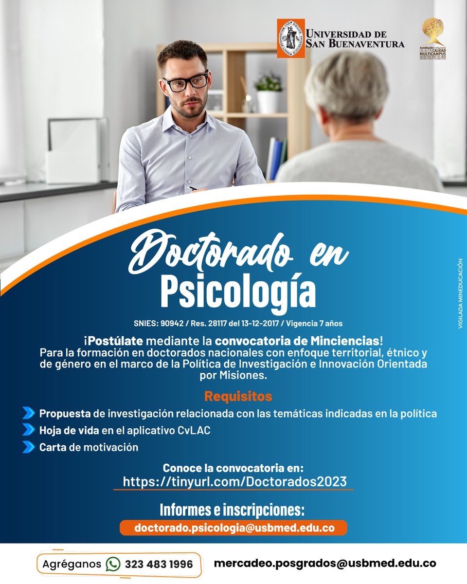 doctoradopsicol's tweet photo. Especial saludo. MinCiencias publica convocatoria para financiar estudios doctorales en programas nacionales. Postúlate con nuestro Doctorado. Mayor información: doctorado.psicologia@usbmed.edu.co Enlace de la convocatoria: https://t.co/AmglQxkDdc https://t.co/tDX5w5nZ4M