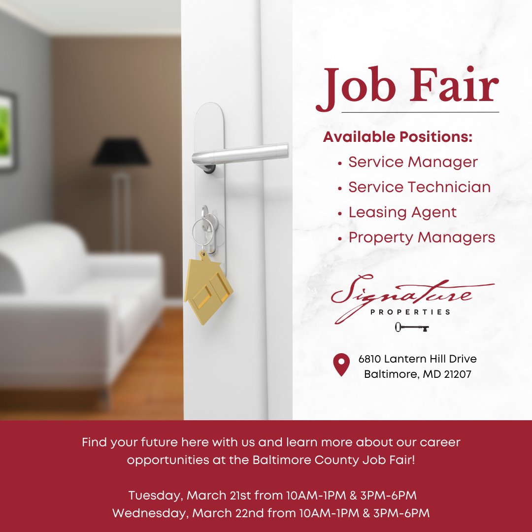 Join us for a job fair at The Hills at Milford Mills on Tuesday, March 21st and Wednesday, March 22nd from 10AM to 1PM and 3PM to 6PM both days! 

#JobFair #SignatureProperties #BaltimoreMD #MultifamilyHousing #MultifamilyRealEstate #MultifamilyCommunities #ApartmentRentals