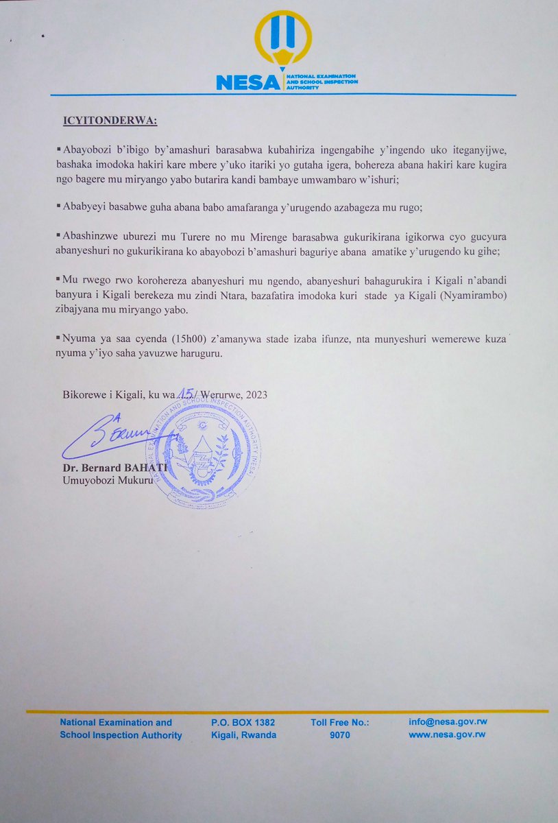 ITANGAZO KU NGENDO Z'ABANYESHURI BIGA BACUMBIKIRWA MU GIHE CYO GUSUBIRA MU MIRYANGO YABO (IGIHEMBWE CYA II UMWAKA W'AMASHURI WA 2022/2023. <a href="/Rwanda_Edu/">Ministry of Education | Rwanda</a> ,<a href="/REBRwanda/">Rwanda Basic Education Board</a> , <a href="/RTB_Rwanda/">Rwanda TVET Board</a>