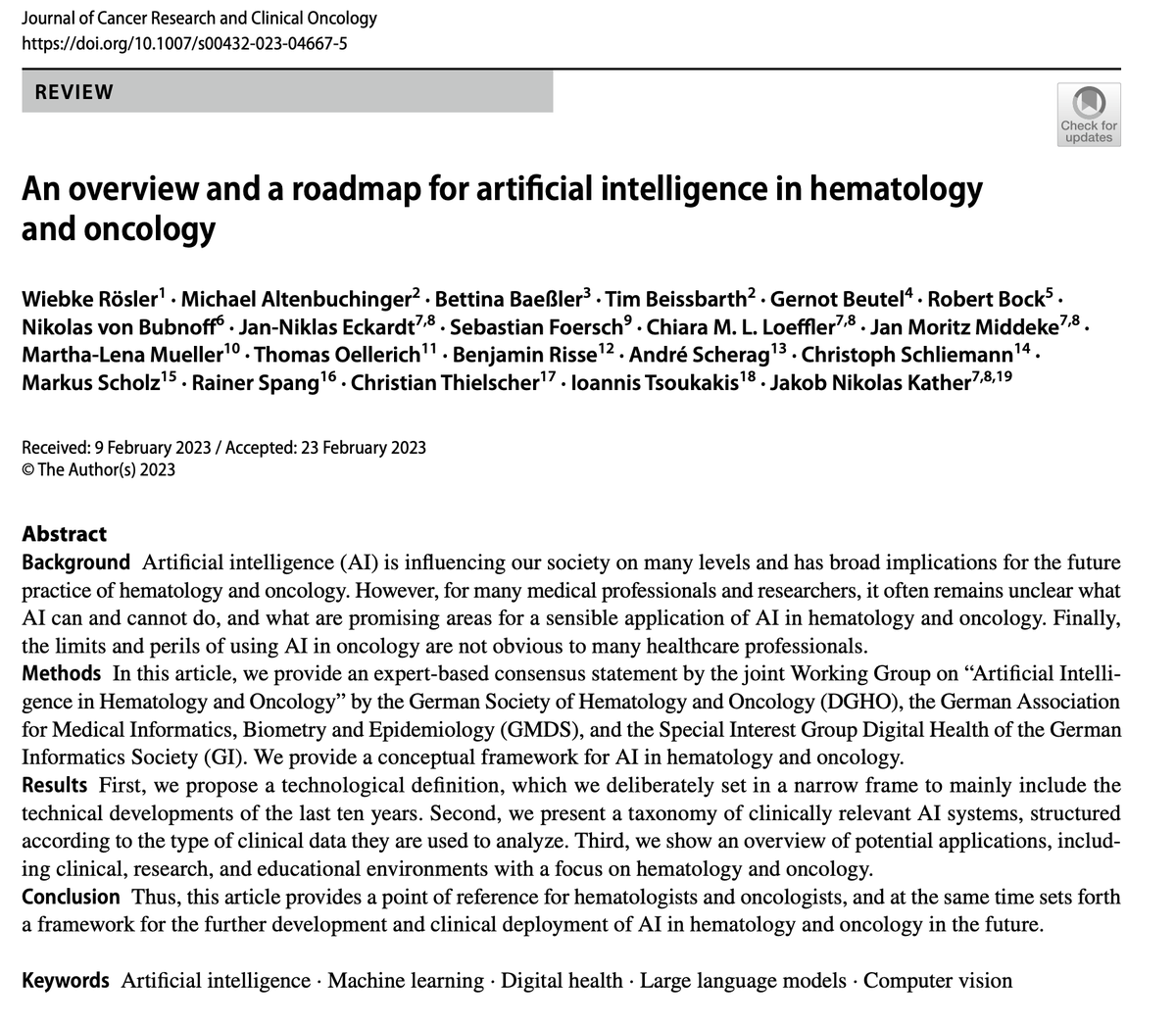 jnkath's tweet photo. Very happy to share this: We teamed up with 3 professional societies in 🇩🇪 (@dgho_eV, @gmdsEV, @informatikradar) and put together "an overview and a roadmap for #AI in hematology and oncology"  https://t.co/URST2P7TPn &amp; https://t.co/61fTTJVId9 @ottoadelheid @NCT_UCC_DD @NCT_HD https://t.co/AFXmb85SuZ