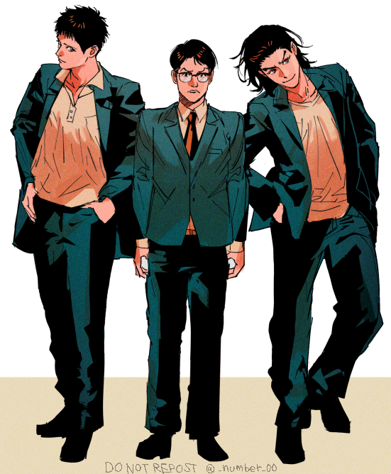 multiple boys 3boys male focus black hair necktie jacket formal  illustration images