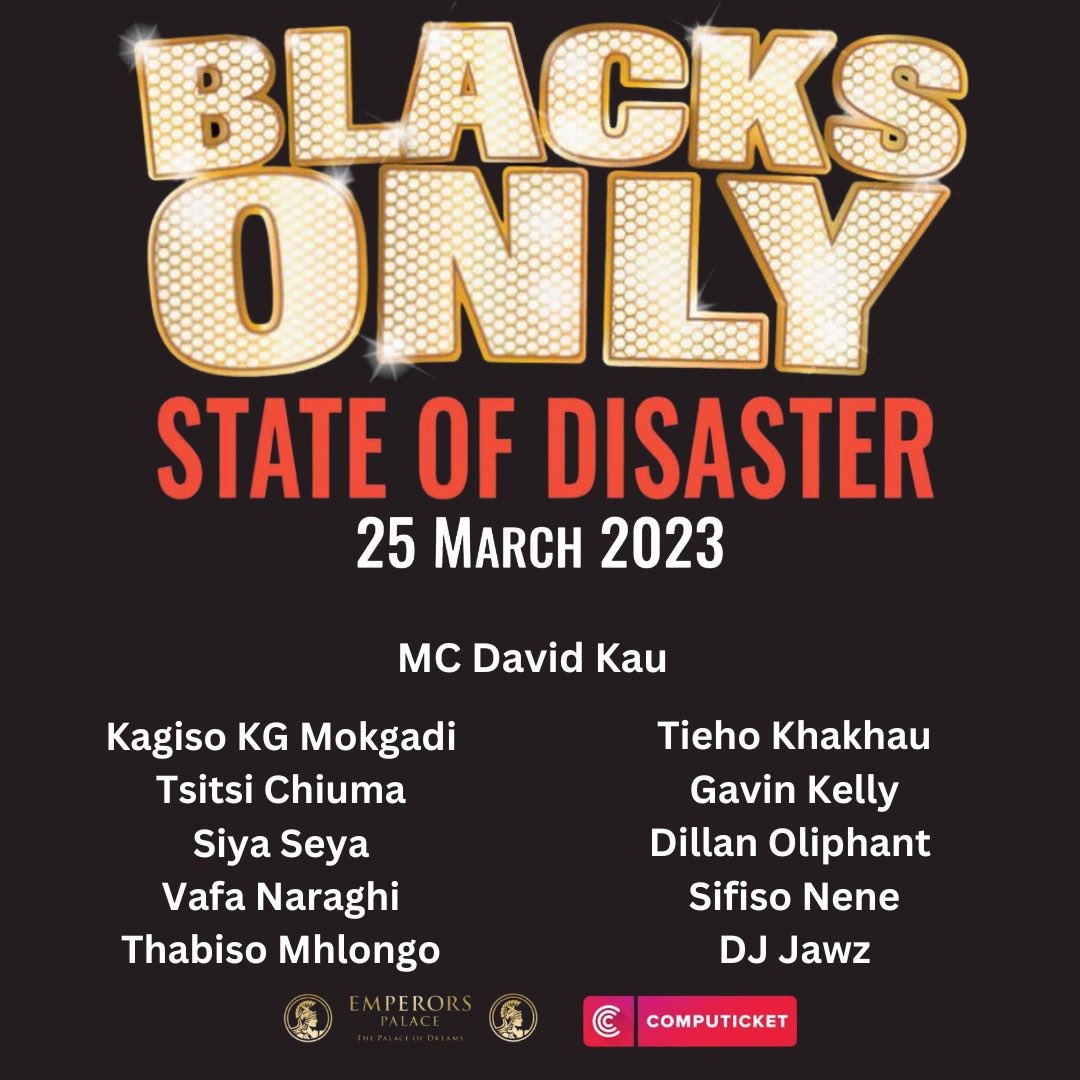 Next Saturday we’re on at <a href="/EmperorsPalace/">Emperors Palace</a> with some of the country’s funniest #comedians #blacksonlycomedyshow tickets <a href="/Computicket/">Computicket</a> doors open 7pm show starts 8pm sharp!!! #standupcomedy #davidkau <a href="/KhakhauTieho/">Tieho Khakhau</a> <a href="/SifisoNene/">Sifiso Nene</a> <a href="/siyaseyacomedy/">Instagram: @siyaseya</a> <a href="/KGcomic/">Kagiso KG Mokgadi</a> <a href="/RealConcerts/">Real Concerts</a> <a href="/TsitsiChiumya/">tsitsi chiumya</a>