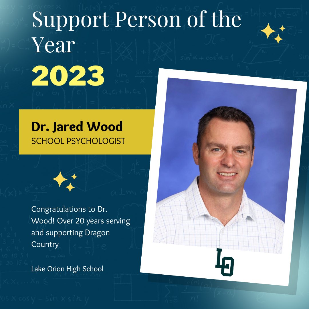 LkOrionHS's tweet photo. Congratulations to School Psychologist Dr. Wood on being selected as LOHS Support Person of the Year. #AlwaysLakeOrion #ProtectTheThunder https://t.co/ZDLbXa1j0J