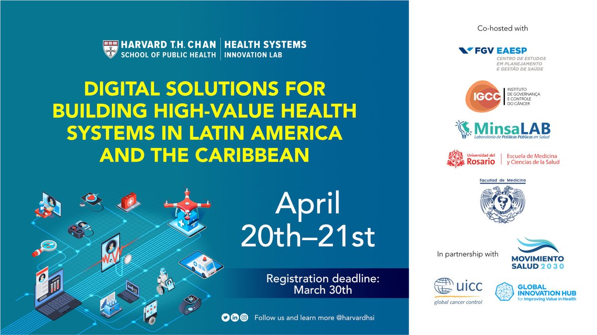 HarvardHSI's tweet photo. Deadline 👉👉 30 March! $15k in prizes!

Register for our Hackathon remotely/in person (Boston, Bogota, Mexico City, Lima or Sao Paulo) on April 20-21 &amp; share your ideas to improve cancer &amp; CVD care in Latin America &amp; the Caribbean 

Learn more: https://t.co/mqIQpbTLHL
@uicc @FGV https://t.co/rsMhHWpNXd