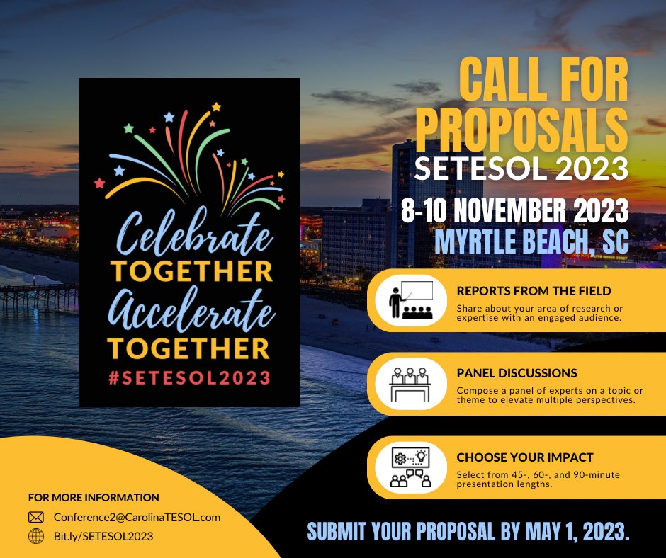 Presenters at #SETESOL23 receive a special rate for registration. Share your expertise with a supportive, engaged audience from more than 10 states and Puerto Rico! Proposals are due May 1.