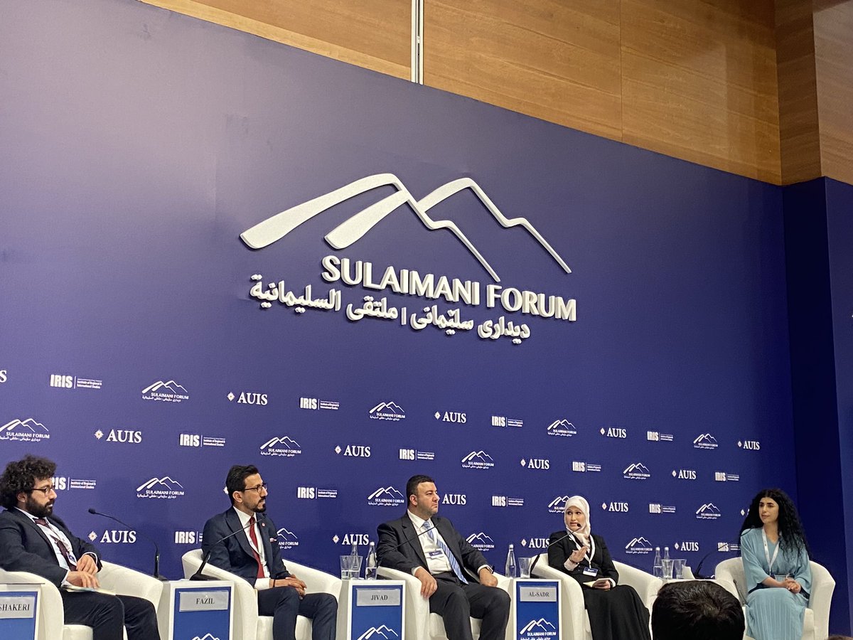 AlOraibi's tweet photo. Impressive panel of young Iraqis about political process, chaired by  @HayderSH .. @SajadJiyad raised important point of funding for political parties,how hard it is for independents to run for office, as those entrenched in system have money&amp;patronage networks #SuliForum2023 https://t.co/o3pXxZddf9
