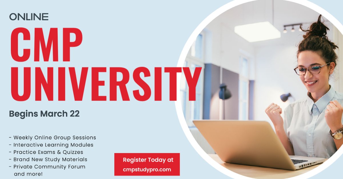 Looking to advance your career in the meeting and events industry? Earning the Certified Meeting Professional (CMP) designation can give you the competitive edge you need!  Register at cmpstudypro.com

#pcma #mpi #CMP #meetingpros #meetingplanning