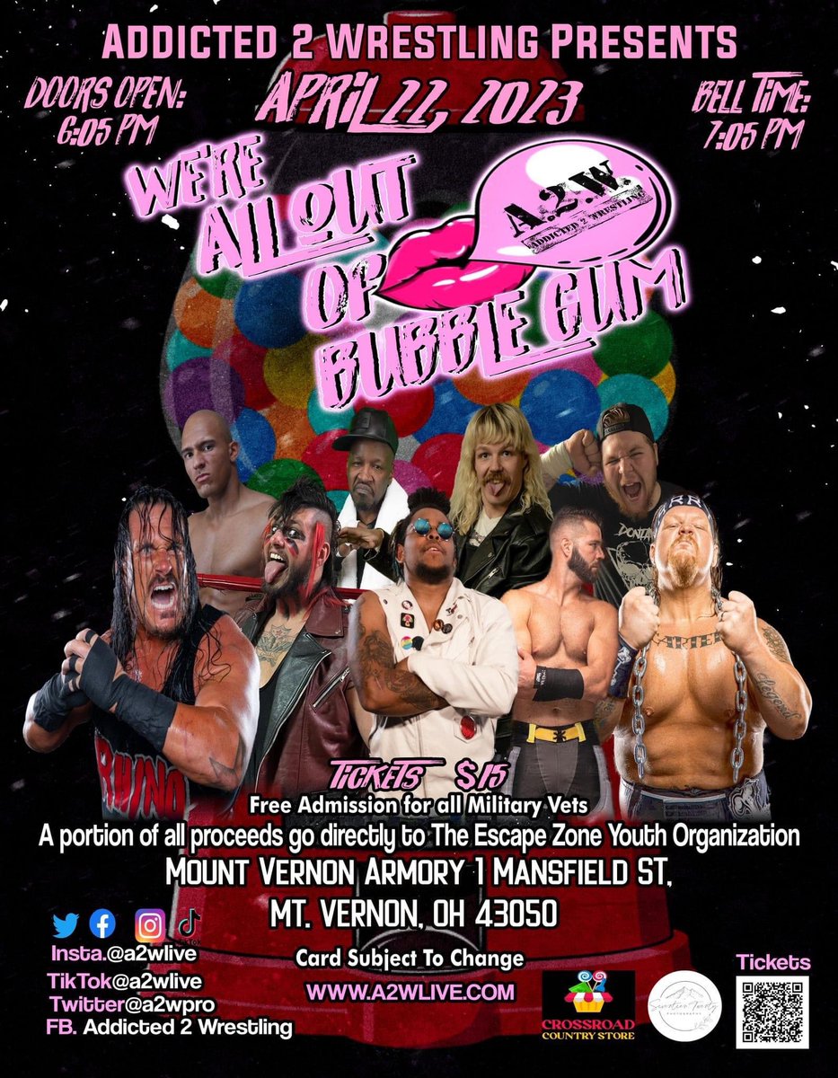 A2WPro's tweet photo. A2W returns to Mt Vernon, OH on 4/22 featuring the debut of ECW legend RHYNO plus many more of your favorites A2W stars!
Hope to see you all there in Mt Vernon. Please spread the word.
@TheSlessTaylor @UncleQ87922280 @GGJacobs69 @legendoflarryd @DontavioTG @realdamchambers https://t.co/4VfA4z40Oc
