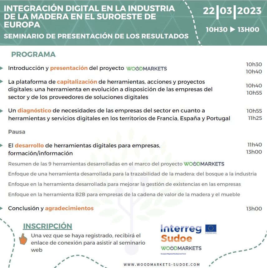 🙌Seminario de presentación de resultados del proyecto <a href="/Woodmarkets_EU/">WOODMARKETS</a>, enfocado en reforzar la competitividad de las industrias #madereras en el espacio @Sudoe5 a través de la #digitalización del sector
📅 22 marzo 🕥 10:30-13:00
Inscripciones➡️ bit.ly/42bFJMi