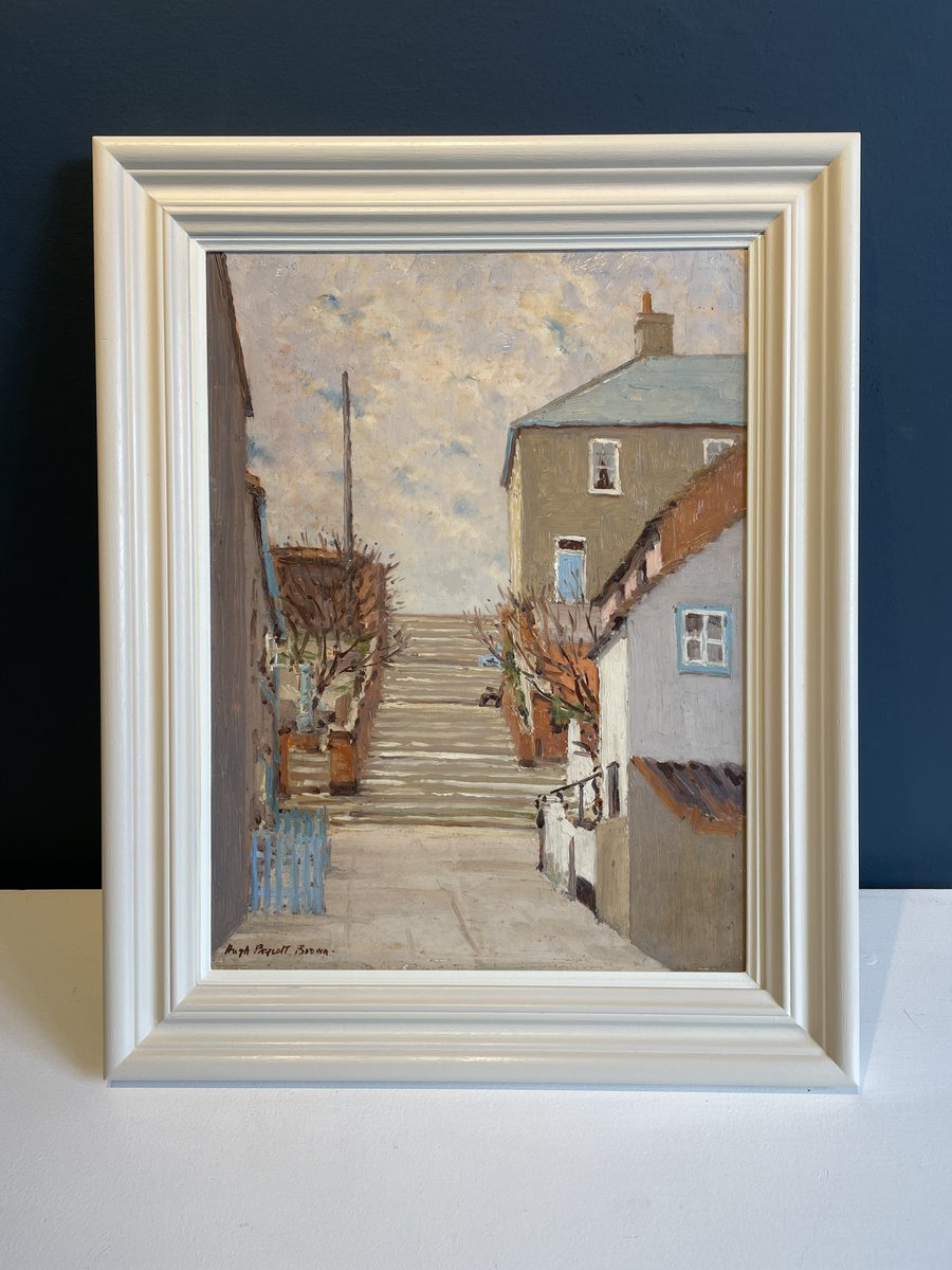 We're delighted to be hosting an exhibition by Modern British artist #HughBoycottBrown RSMA which includes many picturesque Suffolk scenes. This one captures the charming #townsteps of #Aldeburgh Suffolk.

#Aldeburghoilpainting #suffolkcoast #rsma