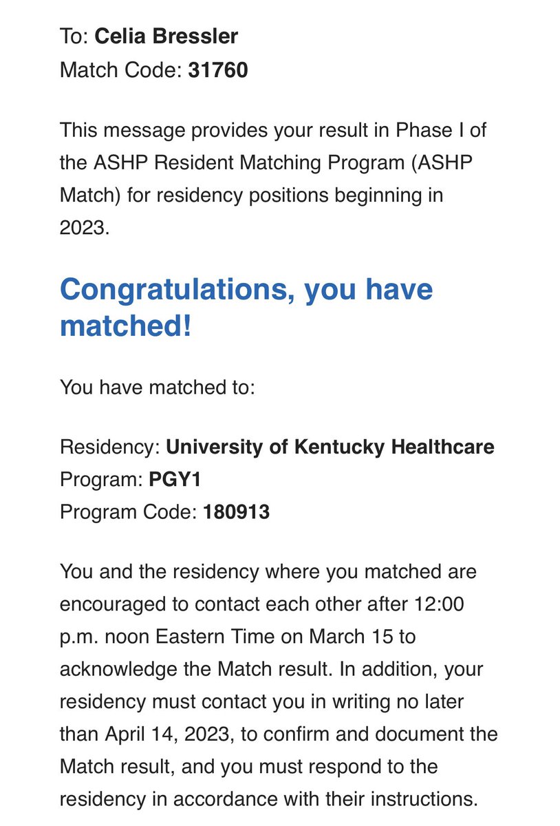 celia_bressler's tweet photo. SO incredibly excited to have matched at UK Medical Center for my PGY-1🤩🥳 #RxMatchDay #Match2023 https://t.co/eXGDmhyTZA