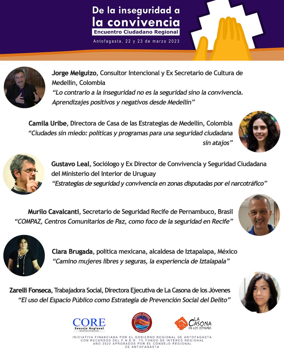 OngLaCasona's tweet photo. El Encuentro reunirá a 6 expertos que desde diferentes enfoques trabajarán durante los días 22 y 23 de marzo con dirigentes sociales de toda la región de Antofagasta, dando a conocer sus experiencias sobre planes y estrategias en materia de seguridad. #antofagasta #iiregion https://t.co/wFrJaq2oDb