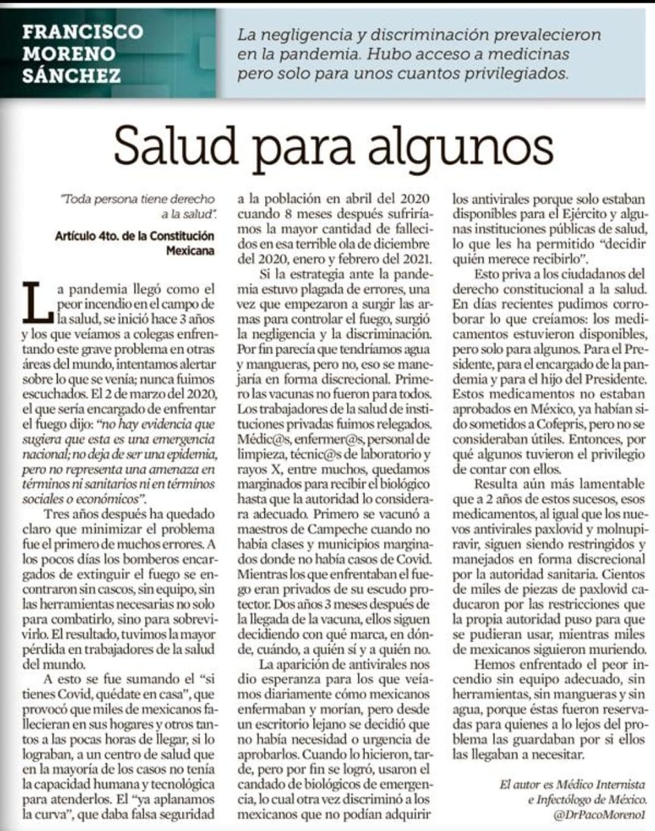 DrPacoMoreno1's tweet photo. Se requiere de un cambio en la distribución de antivirales para #COVID19. 
Su manejo hasta el día de hoy permite que solo algunos tengan el beneficio de su uso, cuando debería de estar disponible para todos.
Mi opinión en @Reforma https://t.co/aOBwTwEwkJ