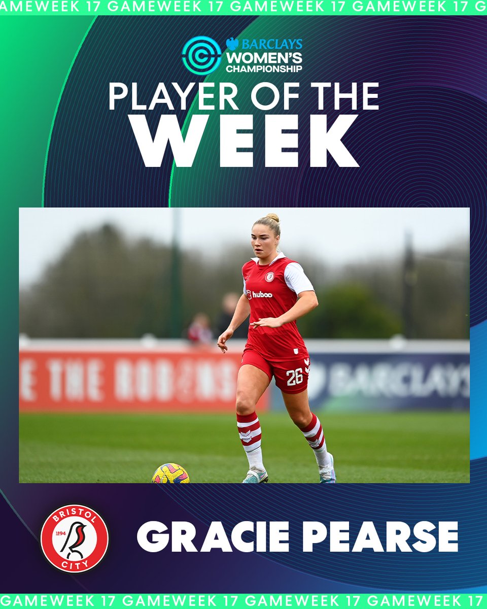 BarclaysWSL2's tweet photo. As voted for by you!

The #BarclaysWC Player of the Week is @bristolcitywfc's Gracie Pearse 🌟 https://t.co/GY6Z41i3Cz