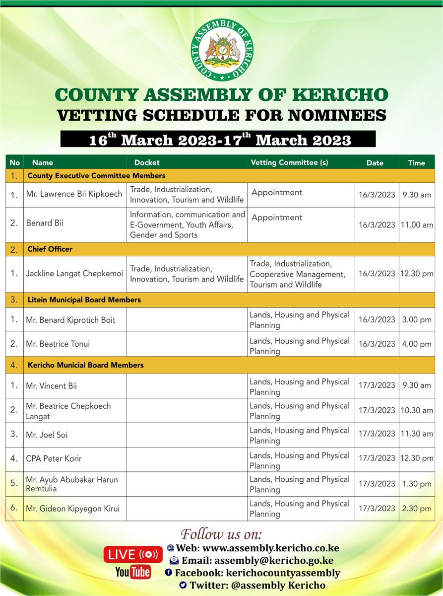 AssemblyKericho's tweet photo. Save the date and time. All vetting sessions shall be streamed live. https://t.co/aouLgvcEEi