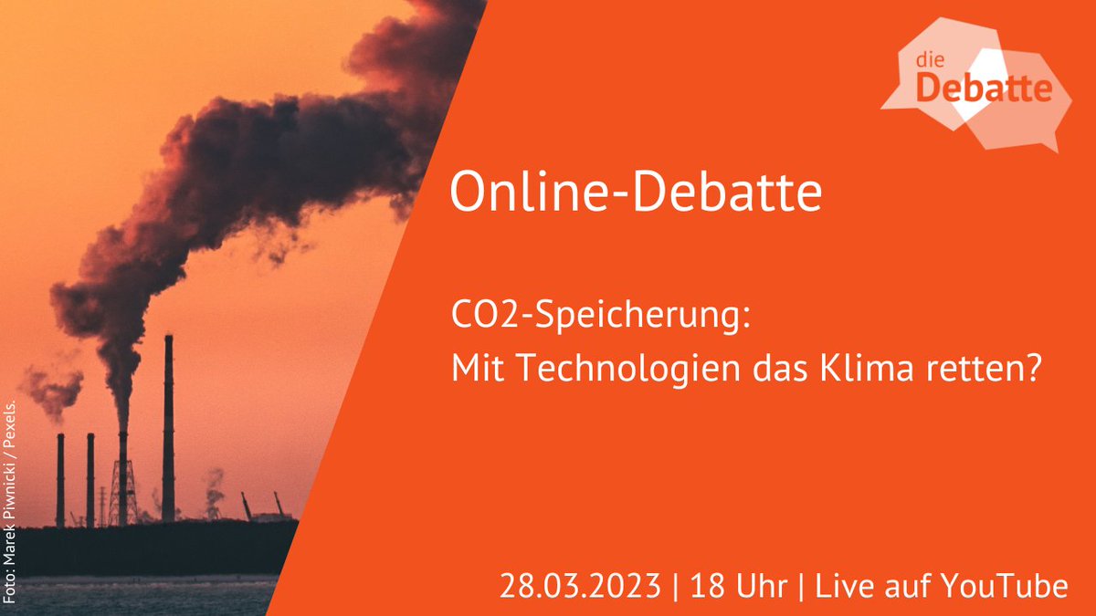 die_debatte's tweet photo. #CO2-Speicherung: Mit Technologien das #Klima retten? Das diskutiert #DieDebatte am 28.3. um 18h mit @mkalkuhl @MCC_Berlin, Dr. Elisabeth Dütschke @FraunhoferISI und Prof. Dr. Klaus Wallmann @GEOMAR_de live bei Youtube. Schaltet ein! 
https://t.co/JmNKMw2Rxh https://t.co/tk5EMQSCNL