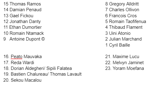 IlltudDafydd's tweet photo. France's probable team for #FRAvWAL 

Two changes from the record win at Twickenham
IN: Taofifenua, Atonio 
OUT: Willemse (injured), Aldegheri

Fabien Galthie names his 23 tomorrow midday

#SixNations #FFRvCYM https://t.co/lmWfSxZQj9