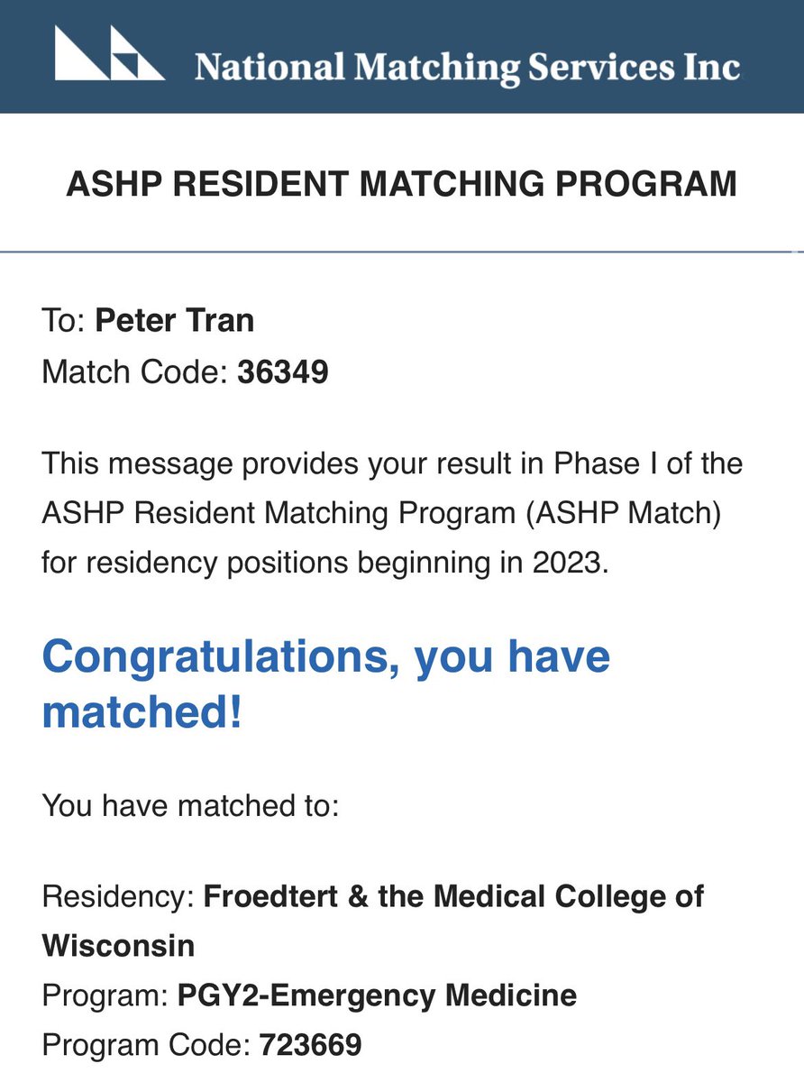 AH. GOING UP NORTH TO BE AN EM PHARMACIST. 

THE NEXT JOURNEY BEGINS!

#TwitteRx #PharmRes #Match2023