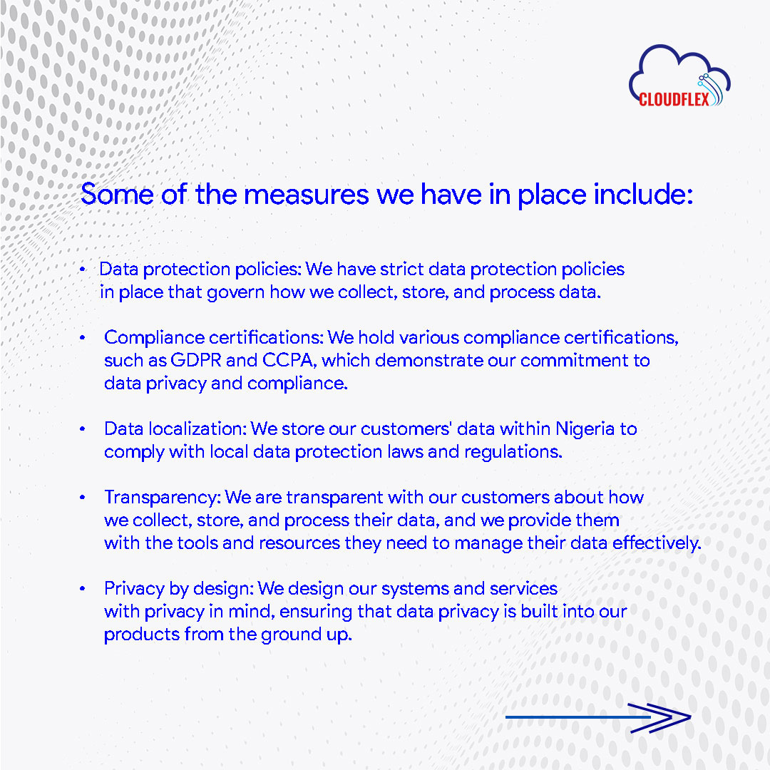 CloudflexNG's tweet image. How does your Nigerian cloud computing company ensure data privacy and compliance with local regulations?

#Cloudfaq #datasecurity #dataprivacy #cloudcomputing  #startupNigeria #nigeriaentrepreneur #lagosstartup #Nigeriatech  #africastartup #Nigeriatech #cloudflexng