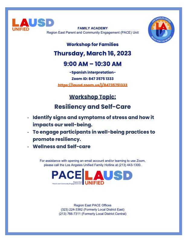 Please join us for the FAMILY ACADEMY Region East Parent and Community Engagement (PACE) Unit SEL Workshop for Families on Thursday 3/16/23 at 9 a.m. Zoom ID: 847 3575 1333