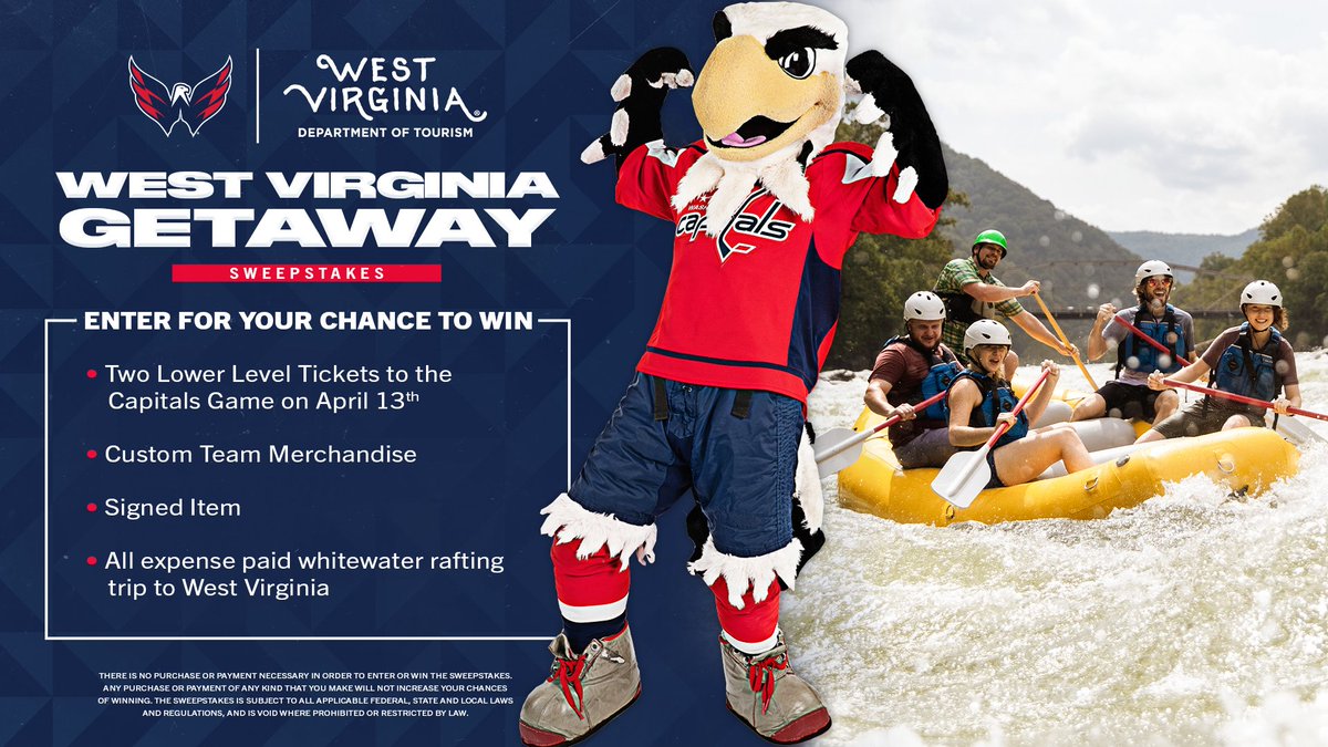 Capitals's tweet photo. The Capitals and @WVtourism are offering one lucky fan two lower-level tickets to #CapsDevils on April 13, #ALLCAPS merch and an all-expense paid whitewater rafting trip!

Enter for your chance to win the West Virginia Getaway Sweepstakes at https://t.co/ILpcWmjrBJ https://t.co/1MOJlEcLpx