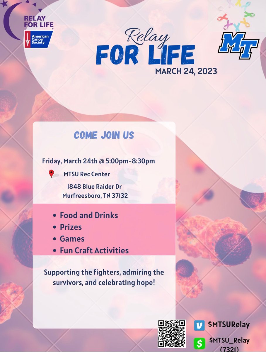 mtsu_relay's tweet photo. Join us for Relay For Life. Friday, March 24th. https://t.co/Z9rHFpQDM4