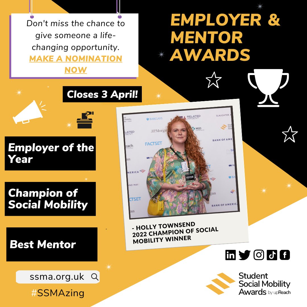 up_Reach's tweet photo. There is now under three weeks until nominations for the 2023 Student Social Mobility Awards close! This week we conclude our award introductions with the Employer & Mentor Awards! ⭐🏆#SSMAzing #SocialMobility https://t.co/5eZiAqkxfw