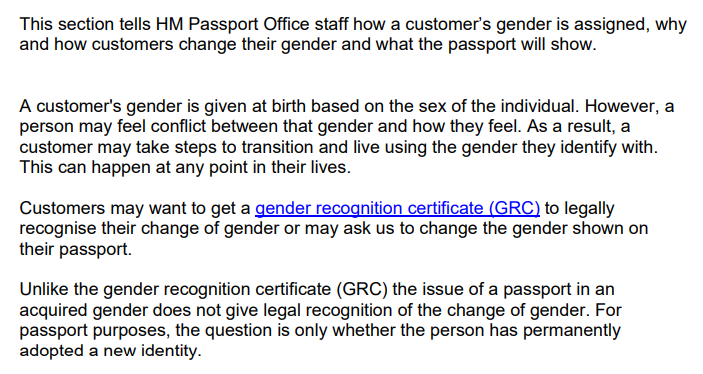 This policy by the @ukhomeoffice needs to be subjected to judicial review. There is no legal basis for it. The deranged language on assigning gender at birth must be straight from Stonewall. Methinks an FOI inquiry is in order.