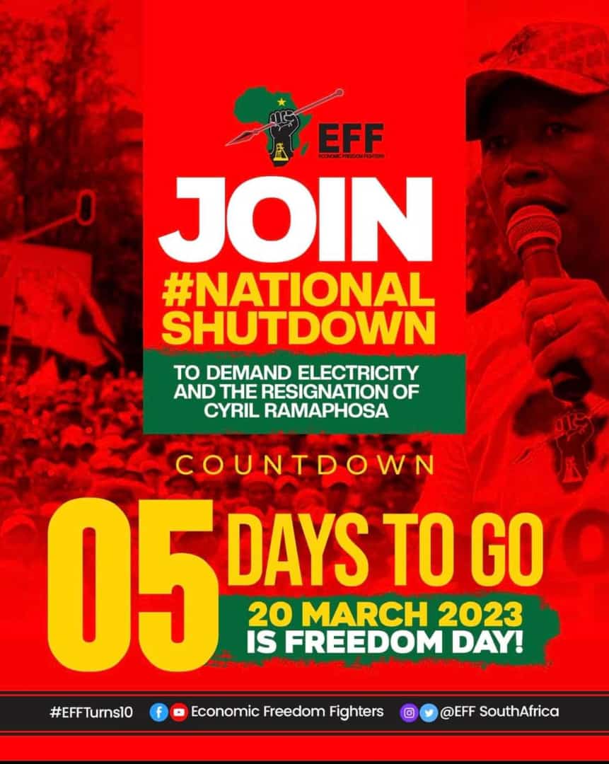 All we want is guaranteed supply of electricity, Jobs, Safety, Security and immediate resignation of <a href="/CyrilRamaphosa/">Cyril Ramaphosa 🇿🇦</a>. Is that too much to ask? If you agree with the above demands, then join us. This, cannot be stopped. It's a done deal. 20th March it is! #NationalShutdown
