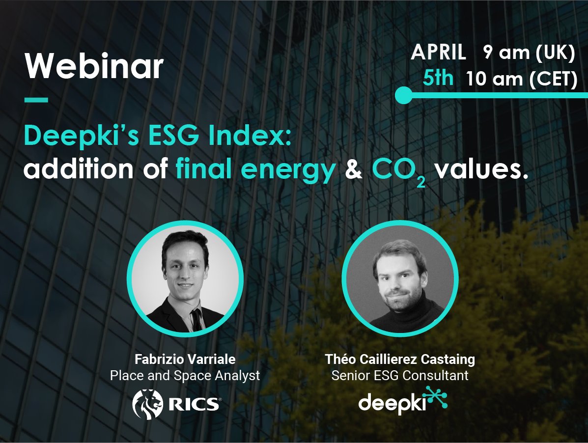 DeepkiSAS's tweet image. 🛎️Register for our webinar on April 5th ! Join Deepki and  RICS, to learn about Deepki’s new ESG index update and discuss the real estate industry&apos;s transition to decarbonization at the European level.

Click here! 👉bit.ly/3L5UYQQ

#ESGIndex #ImpactForward