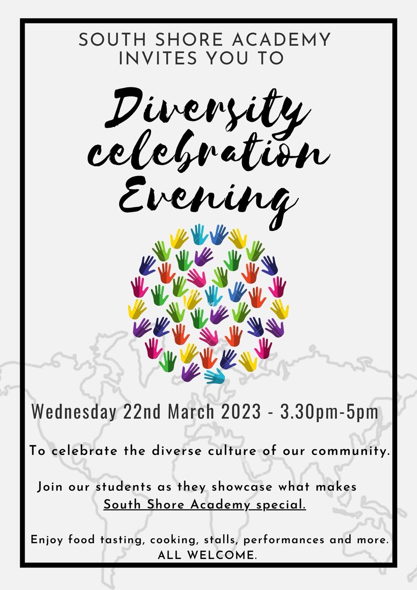 We look forward to welcoming the community to our Diversity celebration evening. 

Come along and see the stalls presented by our students, listen to what they have to say, watch some performances and taste some food!

<a href="/SSABlackpool/">South Shore Academy</a>

Spread the word!
@naylorsnatter <a href="/s_cheston/">S Cheston</a>