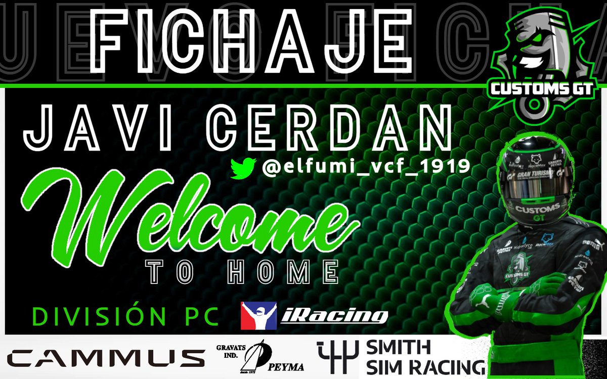 Customs GT (@customsgt) on Twitter photo Hoy presentamos a un piloto experimentado, más conocido en la comunidad de GT que ha decidido dar el salto a Iracing y demostrar de lo que es capaz
Bienvenido al equipo <a href="/elfumi_vcf_1919/">elfumi_vcf_1919</a> 🥳🥳 Hoy presentamos a un piloto experimentado, más conocido en la comunidad de GT que ha decidido dar el salto a Iracing y demostrar de lo que es capaz
Bienvenido al equipo <a href="/elfumi_vcf_1919/">elfumi_vcf_1919</a> 🥳🥳