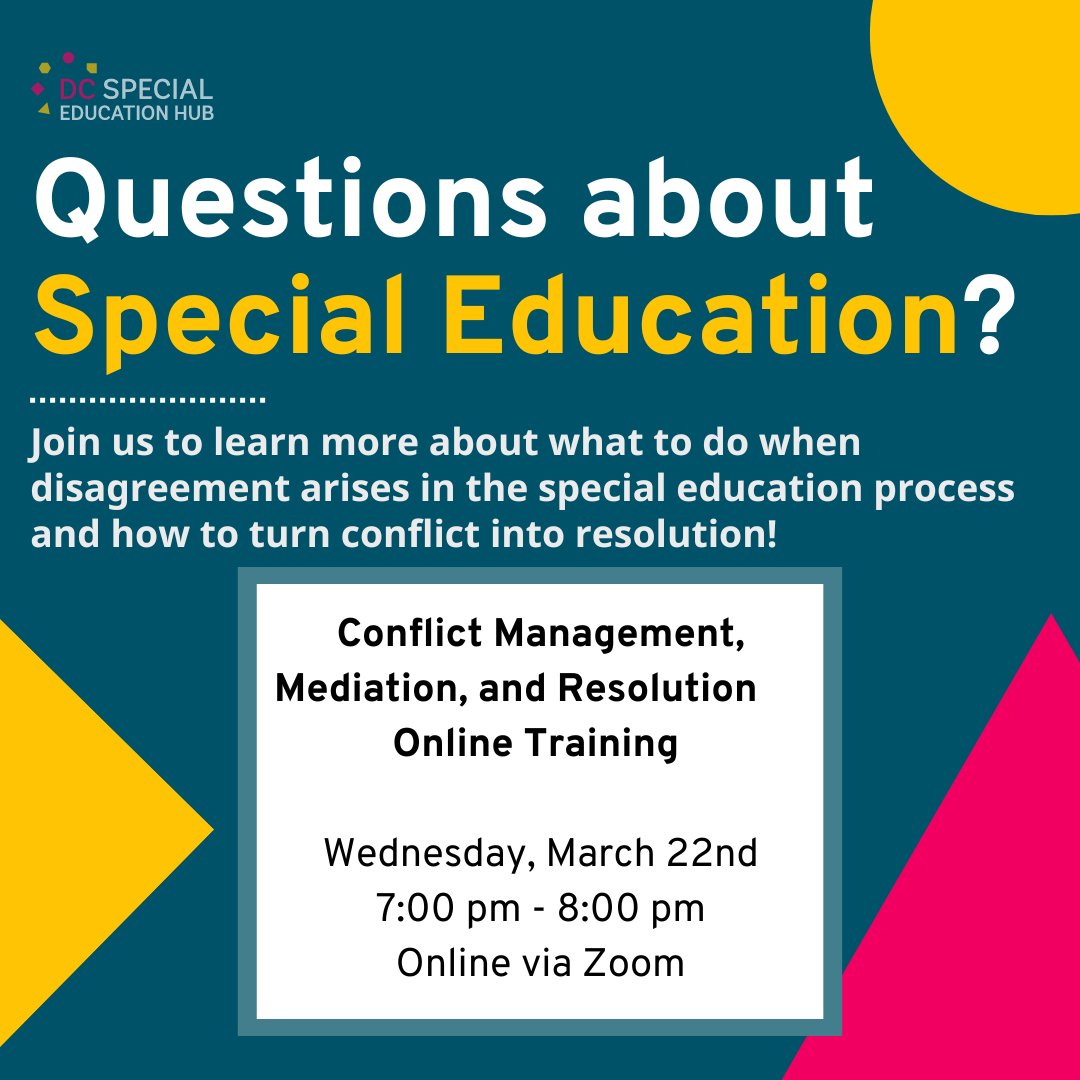 Transform conflict into resolution in special education! 🌟 
Join our online training to empower caregivers with strategies for handling disagreements effectively. 💪 

Spread the word, and let's learn together! 💡

#specialeducationdc  #dcpublicschools #dccommunity #dcevents