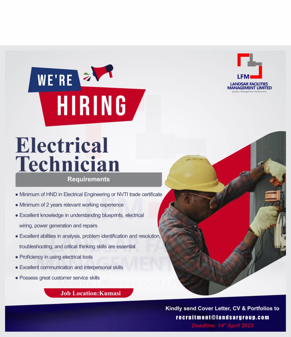 LandsarGroup's tweet photo. Vacancy Alert! 📣 Landsar Facility Management Limited is recruiting.

Position: Electrical Technician 
Location: Kumasi
Application Deadline: 14th April 2023
Email: recruitment@landsargroup.com 
@link4jobs @VacanciesGh @JobbermanGhana @JoblyGhana @jobvacanciesgh_ @truman_services https://t.co/tROxKwYGRZ