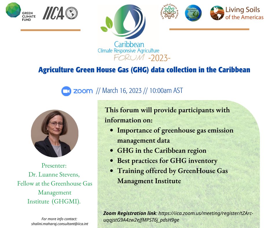 Webinar #2: "The vision of agriculture as a part of the climate solution in the Caribbean region"

Date: March 16, 2023

Time: 08:00 am Belize  // 09:00 am Bahamas &amp; Jamaica // 10:00 am AST (Dominica) // 11:00 am Suriname

Location: Zoom

Registration: iica.zoom.us/meeting/regist…