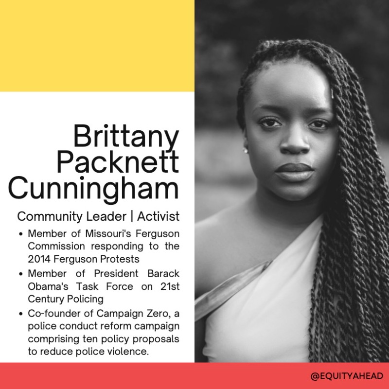 equityahead's tweet photo. Brittany Packnett Cunningham
Community Leader | Activist

- Member of Missouri's Ferguson Commission responding to 2014'S Ferguson Protests.
- Member of President Barack Obama's Task Force on 21st-Century Policing.
- Co-founder of Campaign Zero, a police conduct reform campaign. https://t.co/oMysHojIu0