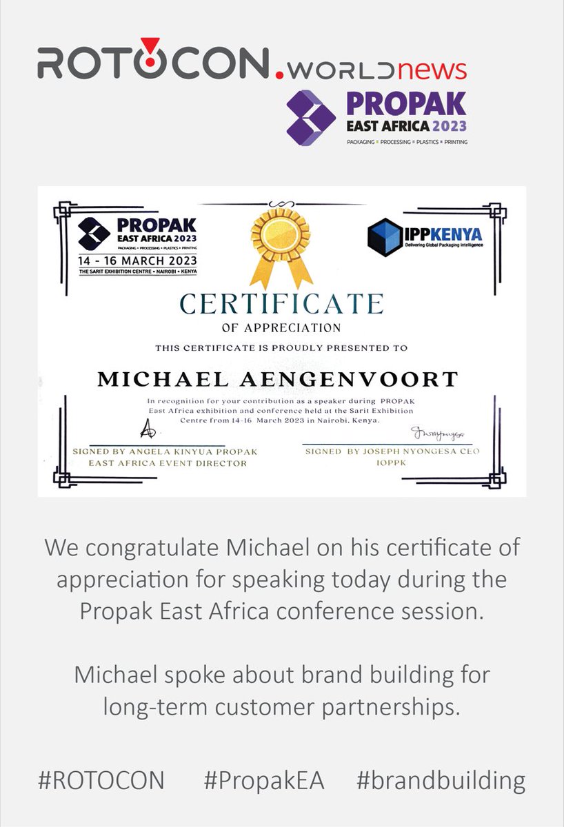 ROTOCON_'s tweet photo. We congratulate Michael on his certificate of appreciation for speaking today during the Propak East Africa conference session.

Michael spoke about brand building for long-term customer partnerships.

#ROTOCON #PropakEA #brandbuilding https://t.co/AO0lNAB86n